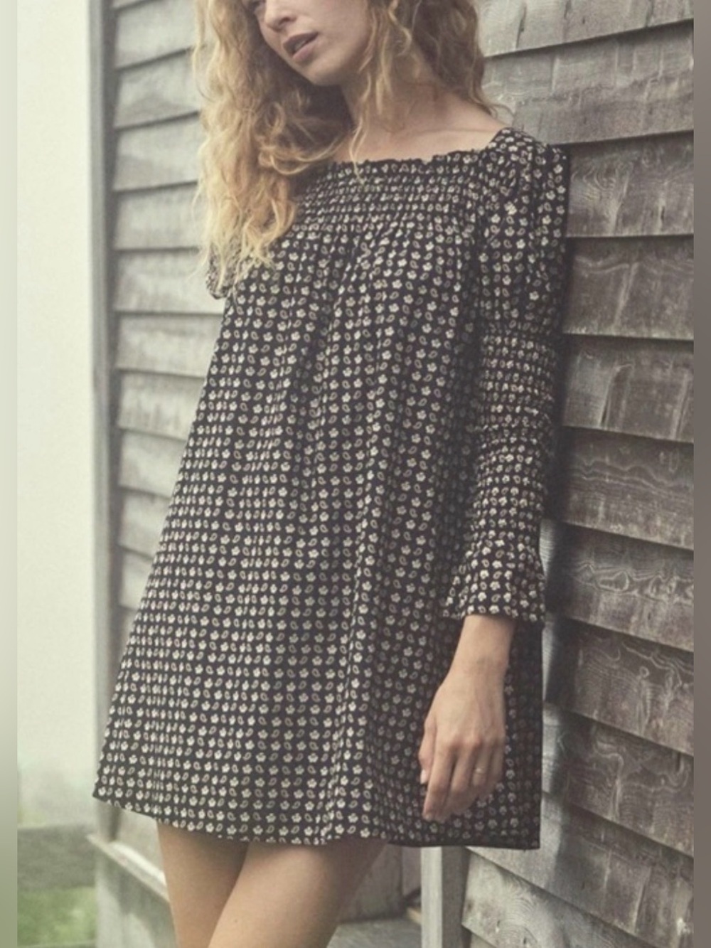 Doen Sabia Smocked Square-Neck Mini Dress Countryside Paisley Black Size Large